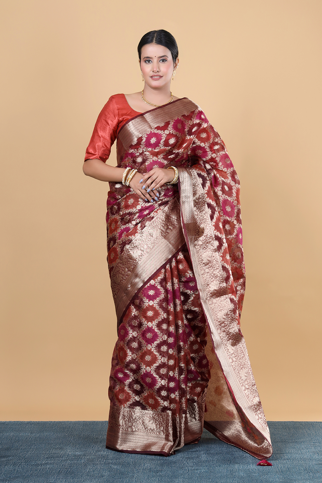 Burgundy Fancy Zari Border Buti Saree with Elegant Unstitched Blouse
